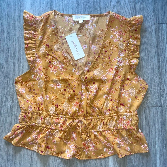 Pink Rose Tops - Pink Rose Floral Gold Sleeveless Top Size Large NWT